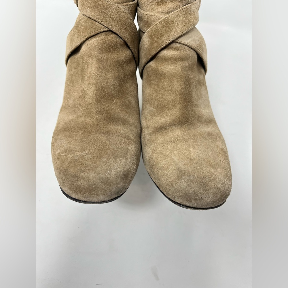 Saint Laurent Babies 90 Cross Ankle Boot Tan /Taupe Suede Block Heel YSL logo 37 - Picture 10 of 10